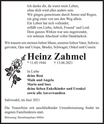 Traueranzeige von Heinz Zahmel  von Magdeburger Volksstimme