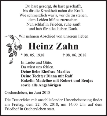 Traueranzeige von Heinz Zahn  von Magdeburger Volksstimme