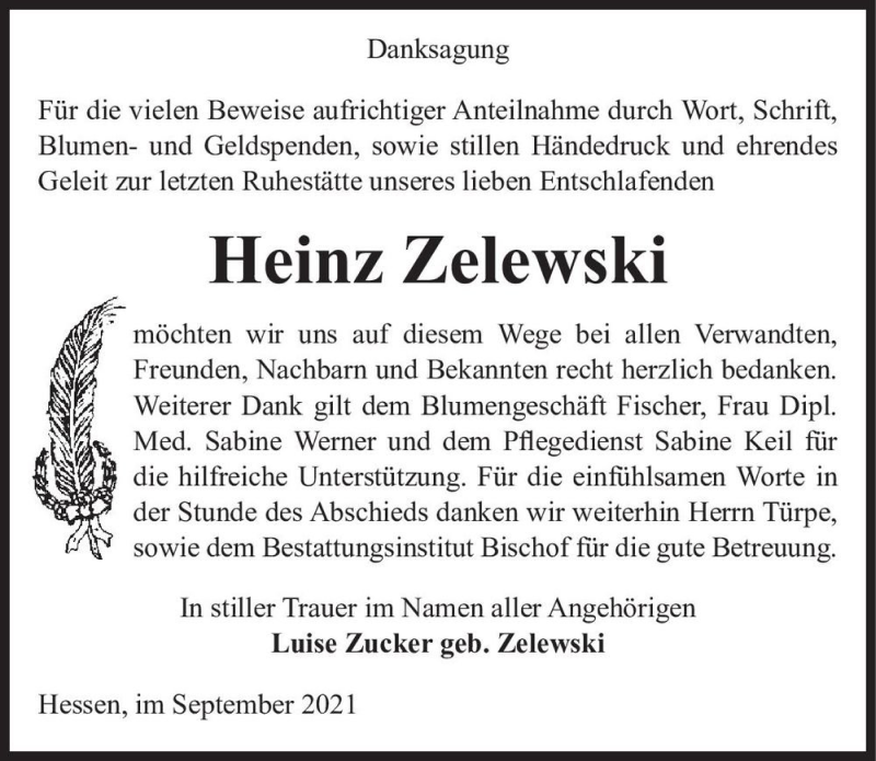  Traueranzeige für Heinz Zelewski  vom 11.09.2021 aus Magdeburger Volksstimme