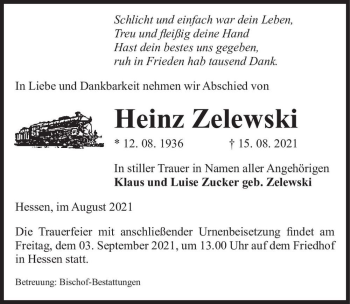 Traueranzeige von Heinz Zelewski  von Magdeburger Volksstimme