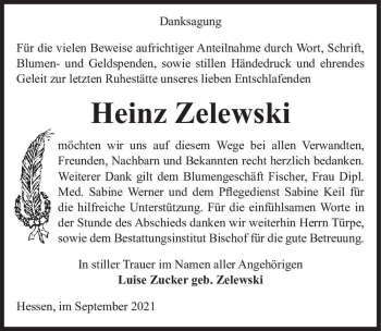 Traueranzeige von Heinz Zelewski  von Magdeburger Volksstimme