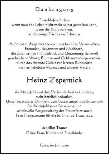 Traueranzeige von Heinz Zepernick  von Magdeburger Volksstimme