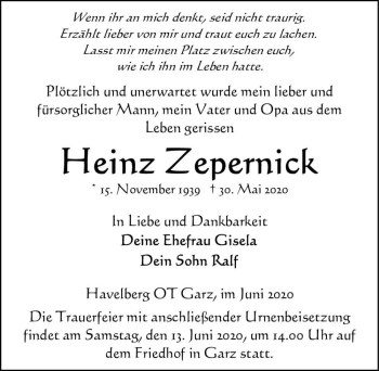 Traueranzeige von Heinz Zepernick  von Magdeburger Volksstimme