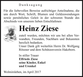 Traueranzeige von Heinz Ziese  von Magdeburger Volksstimme