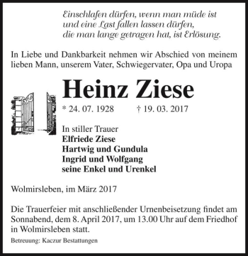 Traueranzeige von Heinz Ziese  von Magdeburger Volksstimme