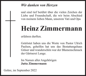 Traueranzeige von Heinz Zimmermann  von Magdeburger Volksstimme