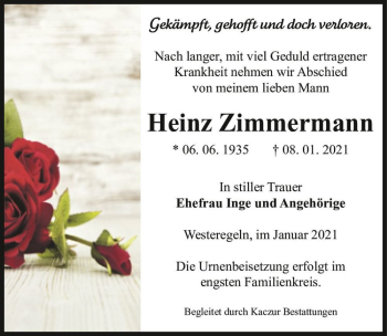 Traueranzeige von Heinz Zimmermann  von Magdeburger Volksstimme