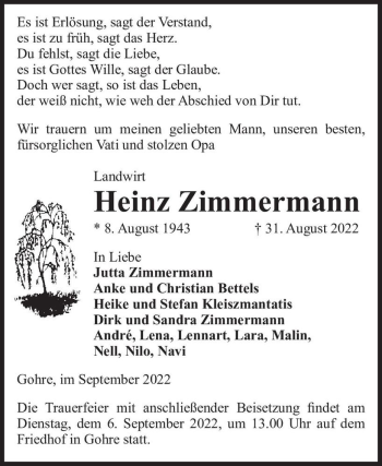 Traueranzeige von Heinz Zimmermann  von Magdeburger Volksstimme