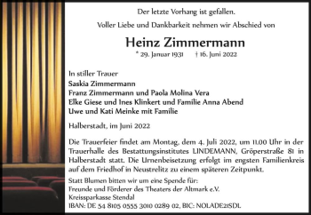 Traueranzeige von Heinz Zimmermann  von Magdeburger Volksstimme
