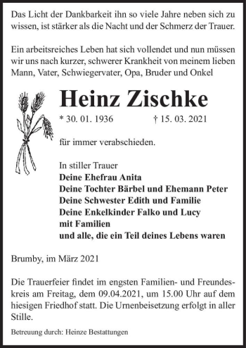 Traueranzeige von Heinz Zischke  von Magdeburger Volksstimme