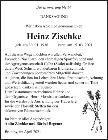 Traueranzeige von Heinz Zischke  von Magdeburger Volksstimme