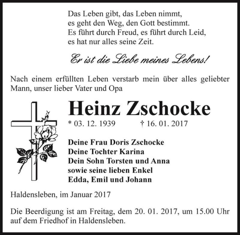  Traueranzeige für Heinz Zschocke  vom 19.01.2017 aus Magdeburger Volksstimme