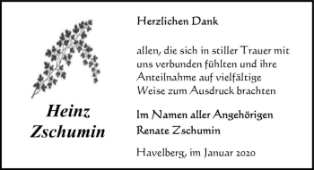 Traueranzeige von Heinz Zschumin  von Magdeburger Volksstimme