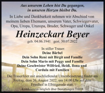 Traueranzeige von Heinzeckart Beyer  von Magdeburger Volksstimme