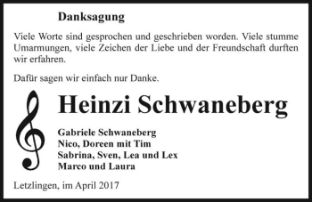 Traueranzeige von Heinzi Schwaneberg  von Magdeburger Volksstimme