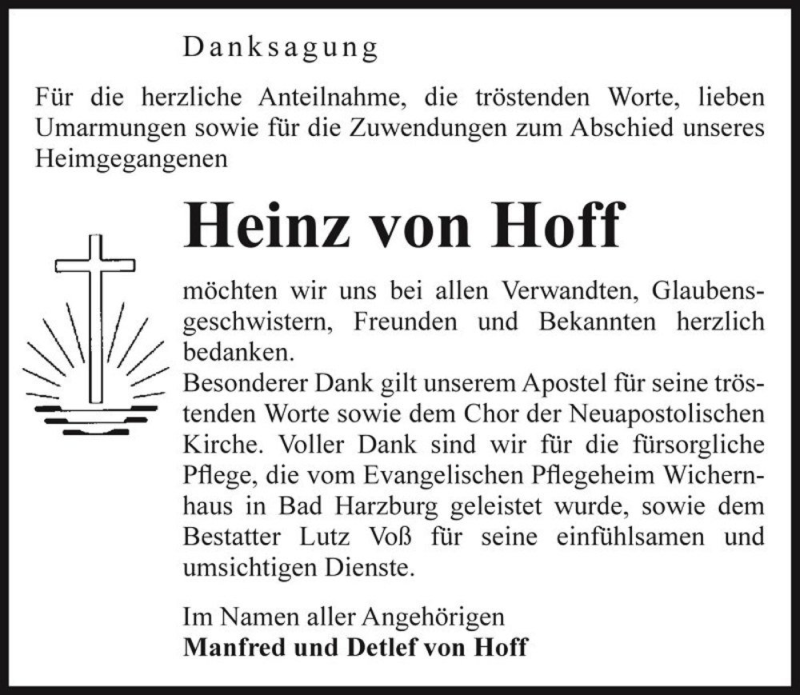  Traueranzeige für Heinz von Hoff  vom 18.02.2017 aus Magdeburger Volksstimme
