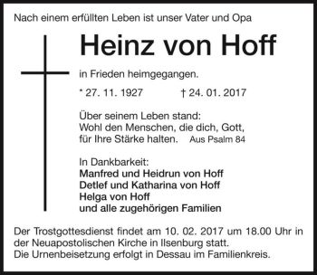 Traueranzeige von Heinz von Hoff  von Magdeburger Volksstimme