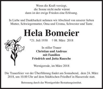 Traueranzeige von Hela Bomeier  von Magdeburger Volksstimme