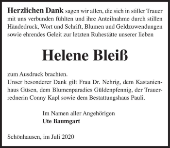 Traueranzeige von Helen Bleiß  von Magdeburger Volksstimme