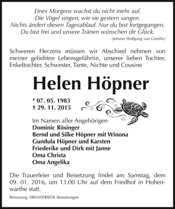 Traueranzeige von Helen Höpner  von Magdeburger Volksstimme