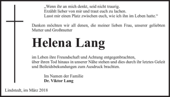 Traueranzeige von Helena Lang  von Magdeburger Volksstimme
