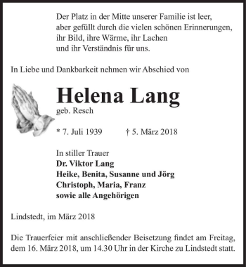 Traueranzeige von Helena Lang (geb. Resch)  von Magdeburger Volksstimme