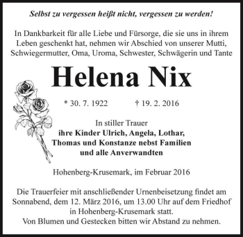 Traueranzeige von Helena Nix  von Magdeburger Volksstimme