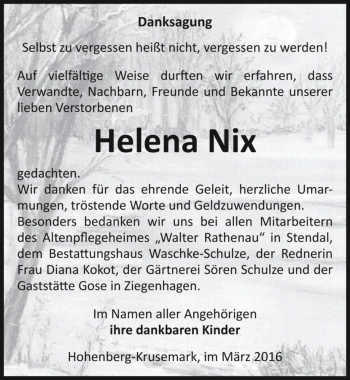 Traueranzeige von Helena Nix  von Magdeburger Volksstimme