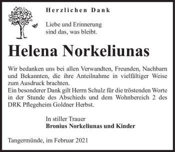 Traueranzeige von Helena Norkeliunas  von Magdeburger Volksstimme