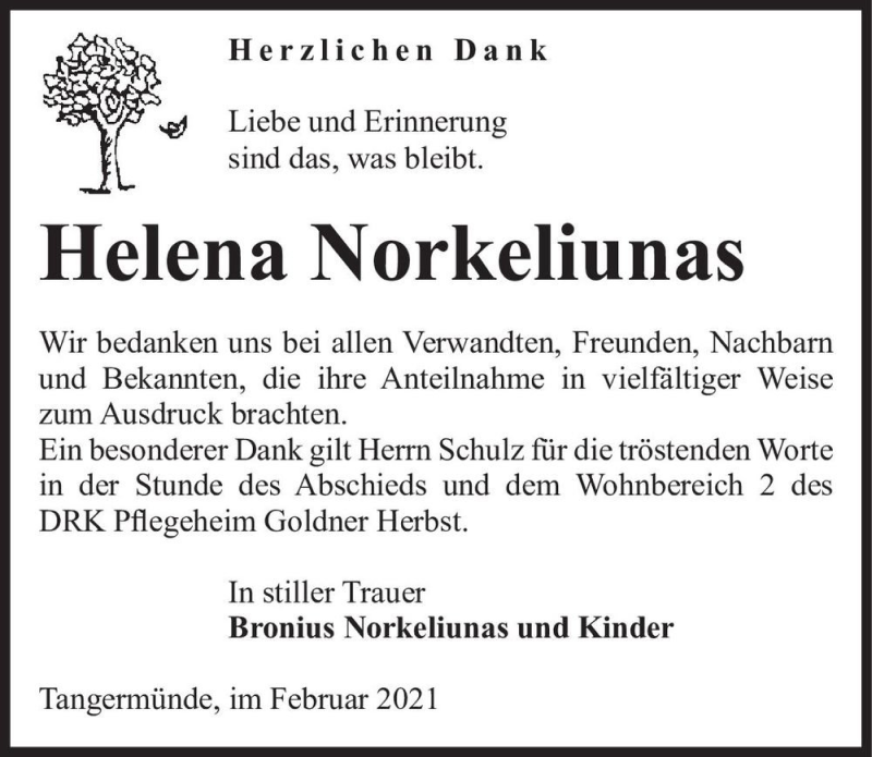  Traueranzeige für Helena Norkeliunas  vom 10.02.2021 aus Magdeburger Volksstimme