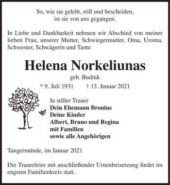 Traueranzeige von Helena Norkeliunas (geb. Budnik)  von Magdeburger Volksstimme