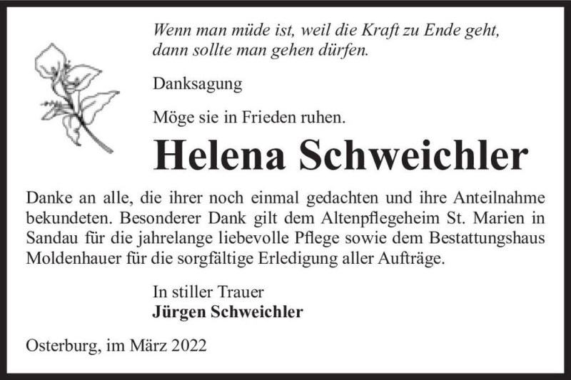  Traueranzeige für Helena Schweichler  vom 16.04.2022 aus Magdeburger Volksstimme
