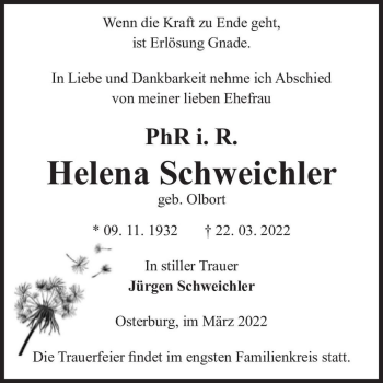 Traueranzeige von Helena Schweichler (geb. Olbort)  von Magdeburger Volksstimme