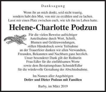 Traueranzeige von Helene-Charlotte Podzun  von Magdeburger Volksstimme