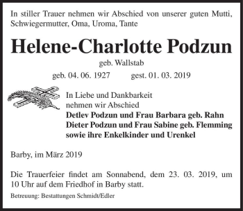 Traueranzeige von Helene-Charlotte Podzun (geb. Wallstab)  von Magdeburger Volksstimme