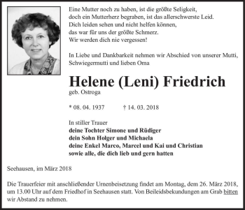 Traueranzeige von Helene (Leni) Friedrich (geb. Ostroga)  von Magdeburger Volksstimme