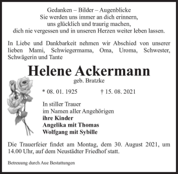 Traueranzeige von Helene Ackermann (geb. Bratzke)  von Magdeburger Volksstimme