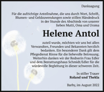 Traueranzeige von Helene Antol  von Magdeburger Volksstimme