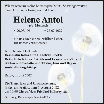 Traueranzeige von Helene Antol (geb. Mokosch)  von Magdeburger Volksstimme
