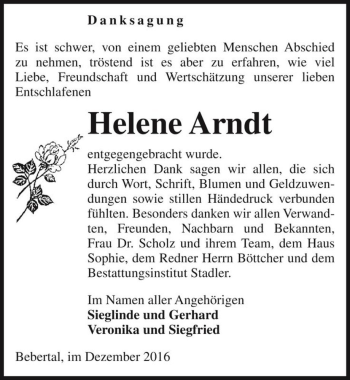 Traueranzeige von Helene Arndt  von Magdeburger Volksstimme