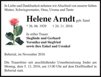 Traueranzeige von Helene Arndt (geb. Sand)  von Magdeburger Volksstimme
