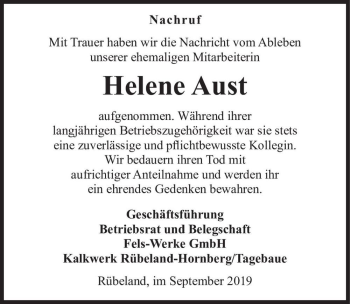 Traueranzeige von Helene Aust  von Magdeburger Volksstimme