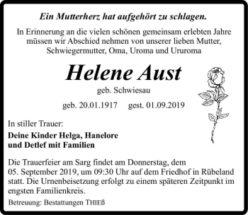 Traueranzeige von Helene Aust (geb. Schwiesau)  von Magdeburger Volksstimme