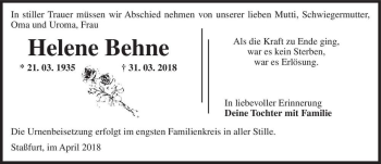 Traueranzeige von Helene Behne  von Magdeburger Volksstimme