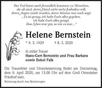 Traueranzeige von Helene Bernstein  von Magdeburger Volksstimme