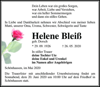 Traueranzeige von Helene Bleiß (geb. Dorsch)  von Magdeburger Volksstimme
