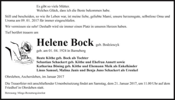 Traueranzeige von Helene Bock (geb. Bodziescyk)  von Magdeburger Volksstimme
