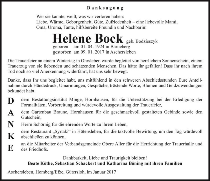  Traueranzeige für Helene Bock (geb. Bodzieszyk)  vom 28.01.2017 aus Magdeburger Volksstimme
