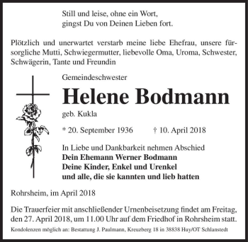 Traueranzeige von Helene Bodmann (geb. Kukla)  von Magdeburger Volksstimme