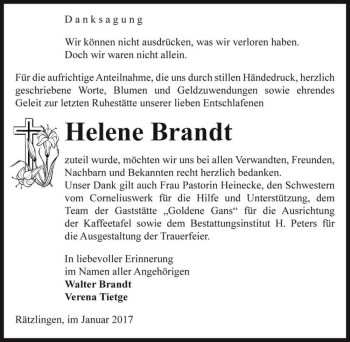 Traueranzeige von Helene Brandt  von Magdeburger Volksstimme